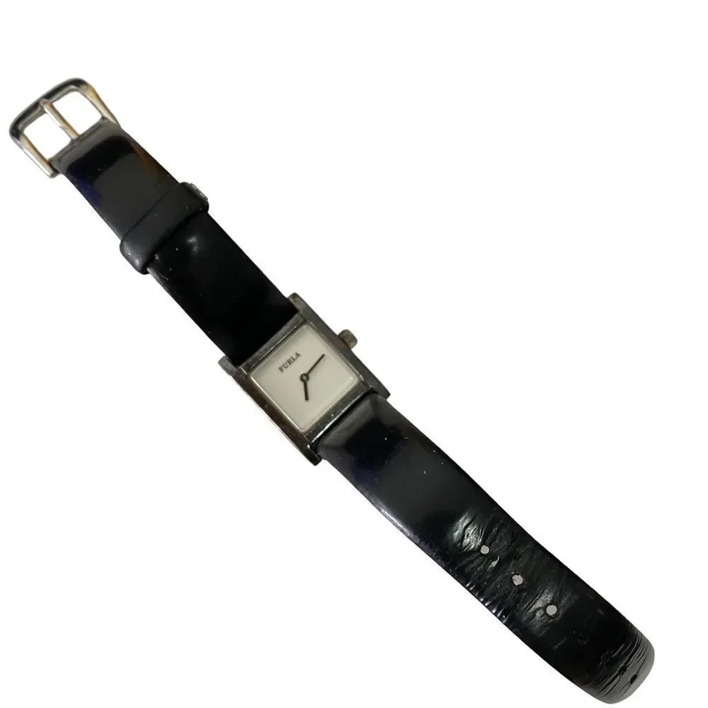 FURLA 925 Sterling Silver Black Leather Watch